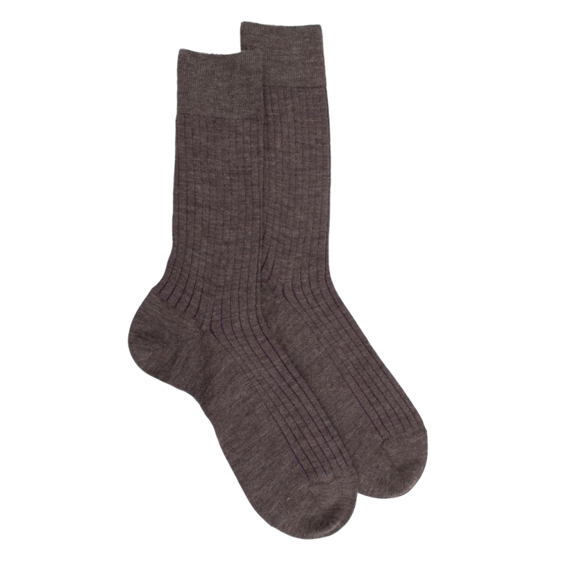 Chaussettes homme en 100% laine fine mérinos côtelées - Brun loutre