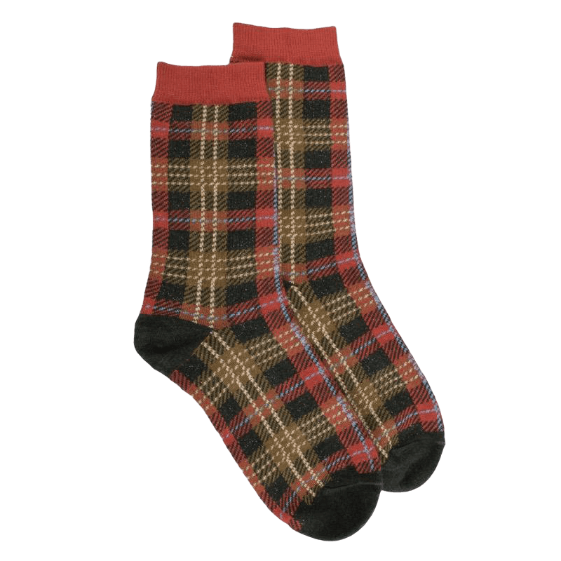 Chaussettes femme en coton à motif tartan effet brillant - Vert thym | Doré Doré