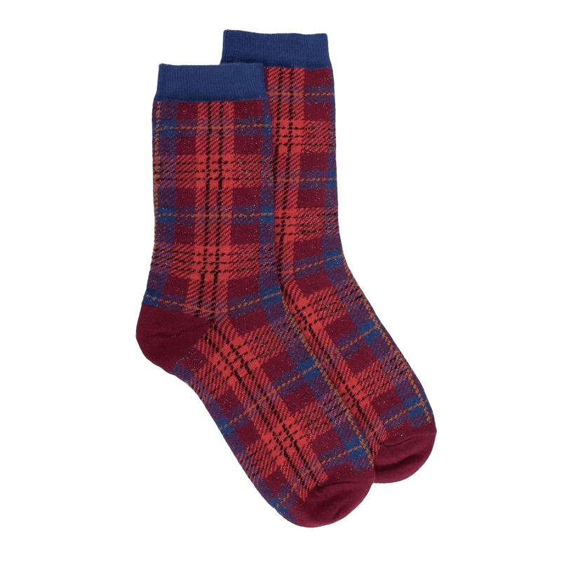 Chaussettes femme en coton à motif tartan effet brillant - Rouge amarante | Doré Doré