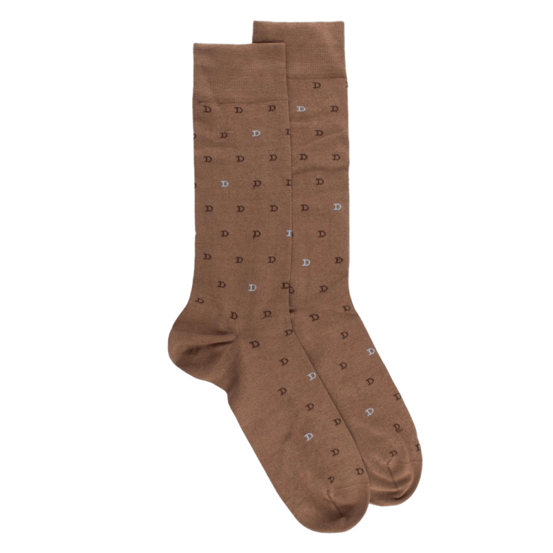 Chaussettes hommes en fil d'Ecosse avec petit motif D en deux couleurs - Marron Caille | Doré Doré