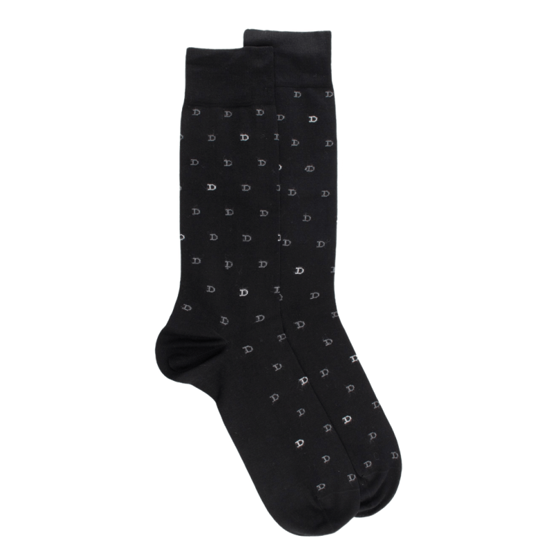 Chaussettes hommes en fil d'Ecosse avec petit motif D en deux couleurs - Noir | Doré Doré