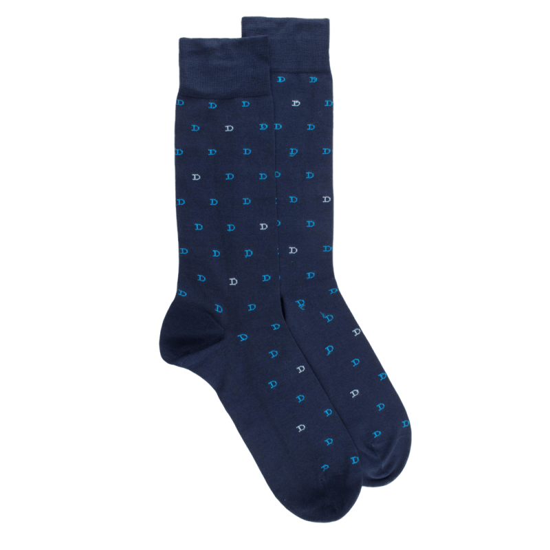 Chaussettes hommes en fil d'Ecosse avec petit motif D en deux couleurs - Bleu Matelot | Doré Doré