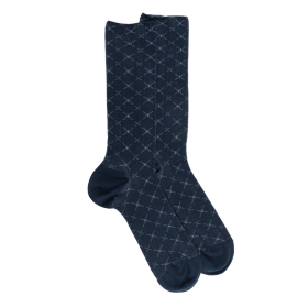 Chaussettes pour hommes en fil d'Ecosse à motifs géométriques sans tricot élastique - Bleu Matelot | Doré Doré
