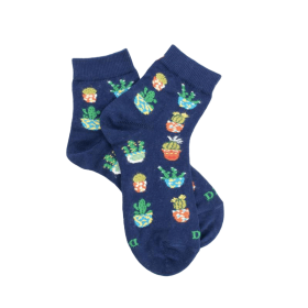Socquettes enfant en coton doux motif cactus - Fond bleu | Doré Doré