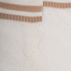 Chaussette femme ajourées  en fil d'Écosse avec rayures contrasté sur bord-côte  - Blanc Givre & Beige sable | Doré Doré