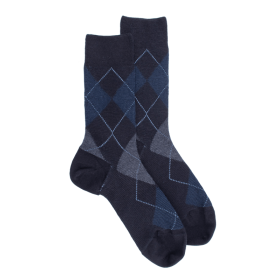 Chaussettes homme en laine mérinos à motif à losanges  - Bleu marine | Doré Doré