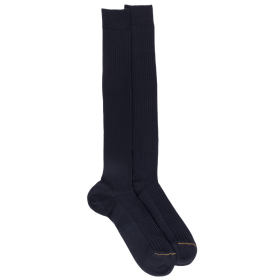 Mi-bas homme luxe à côtes en laine mérinos extra fine - Bleu marine foncé | Doré Doré