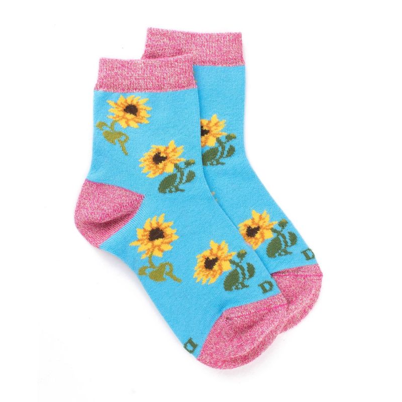 Chaussettes fille à fleurs de tournesol - Turquoise et rose | Doré Doré